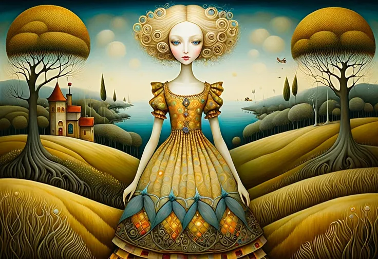 Patchwork by Klimt, Nicoletta Ceccoli, Naoto Hattori, Lawrence Didier, Leonora Carrington of European Woman, ash blond hair, light dress with wide neckline and small bust. is on the top of a gentle hill from which you can see the sea and forests of trees o...