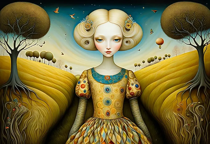 Patchwork by Klimt, Nicoletta Ceccoli, Naoto Hattori, Lawrence Didier, Leonora Carrington of European Woman, ash blond hair, light dress with wide neckline and small bust. is on the top of a gentle hill from which you can see the sea and forests of trees o...