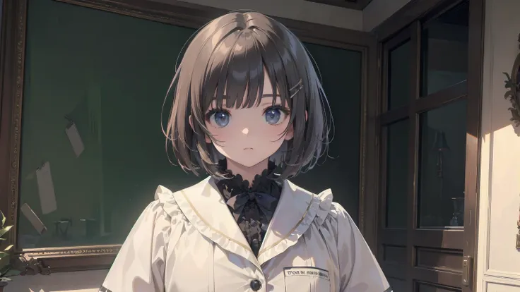 (Highest quality、16K、masterpiece、Ultra-high resolution、Victorian era、Photorealistic:1.2)、Cowboy Shot、One-length bob cut braided hair clip with front drop、Branded Uniforms　cute、clear、 Tsundere、Heroine&#39;s Attributes
