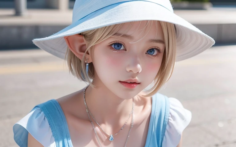 Portrait of a blonde girl in a white hat and a blue shirt , earrings, necklace , extra short hair, sidelocks-hair、Pointy ears like an elf、Upper Body.16 years old、The color of her eyes is a clear light blue、Street Snap、evening