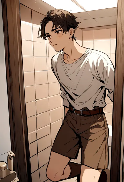 Thai men,Age 15,Wearing a plain white shirt,Wear plain brown shorts.,Wear a plain brown belt.,Wear brown socks,stand,bathroom,alone,handsome