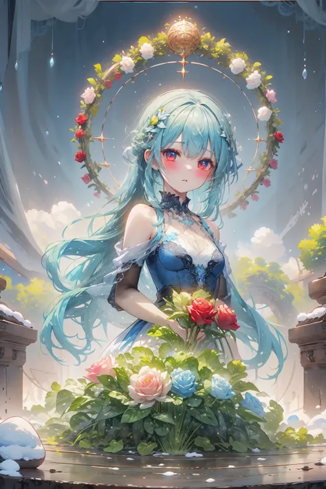 Masterpiece, best quality, extremely detailed, (illustration, official art: 1.1), (((((1 girl))))), ((light blue long hair))), light blue hair, 10 years old, ((blush)), cute face, big eyes, masterpiece, best quality, ((a very delicate and beautiful girl)))...