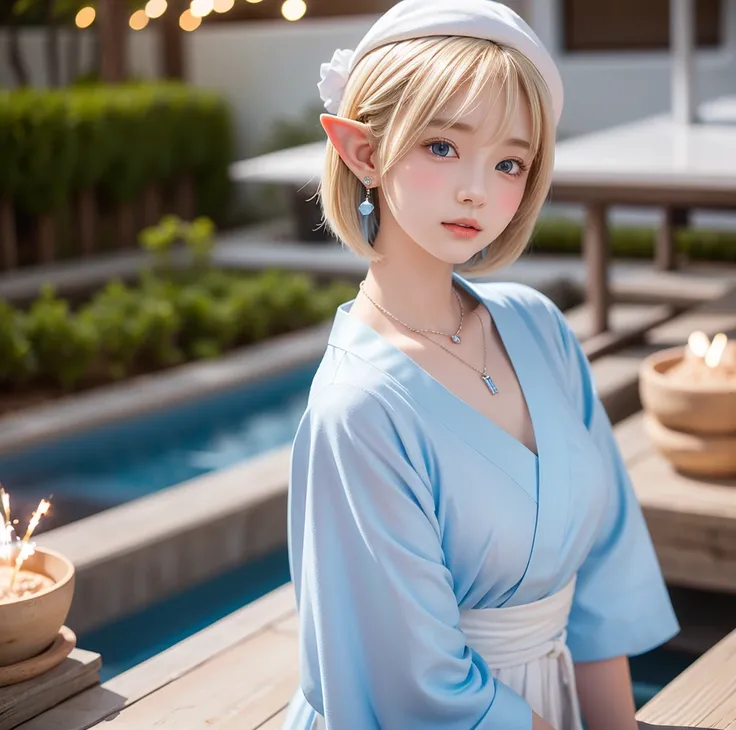 Portrait of a blonde girl in a white hat and a blue shirt , earrings, necklace , extra short hair, sidelocks-hair、Pointy ears like an elf、Upper Body.16 years old、The color of her eyes is a clear light blue、yukata、Fireworks display