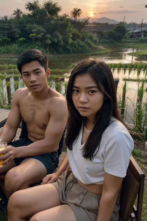 Create a real portrait, a group of Thai teenagers, both men and women, about 10 people (28 years old), both handsome and beautiful, sitting and drinking beer, rice field background, sunset, raising glasses.