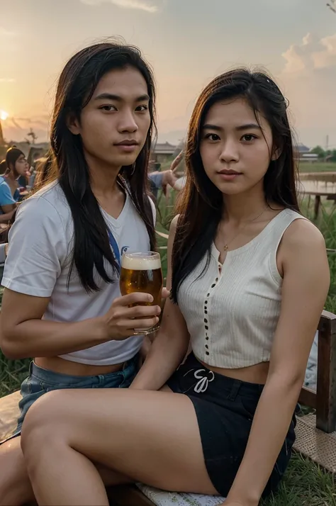 Create a real portrait, a group of Thai teenagers, both men and women, about 10 people (28 years old), both handsome and beautiful, sitting and drinking beer, rice field background, sunset, raising glasses.