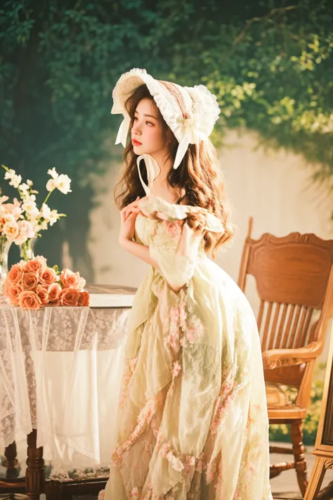 there is a woman in a dress and bonnet standing in front of a table, romantic dress, lovely languid princess, a stunning young ethereal figure, inspired by Pierre Auguste Cot, rococo queen, inspired by Howard Chandler Christy, in romantic style, belle delp...