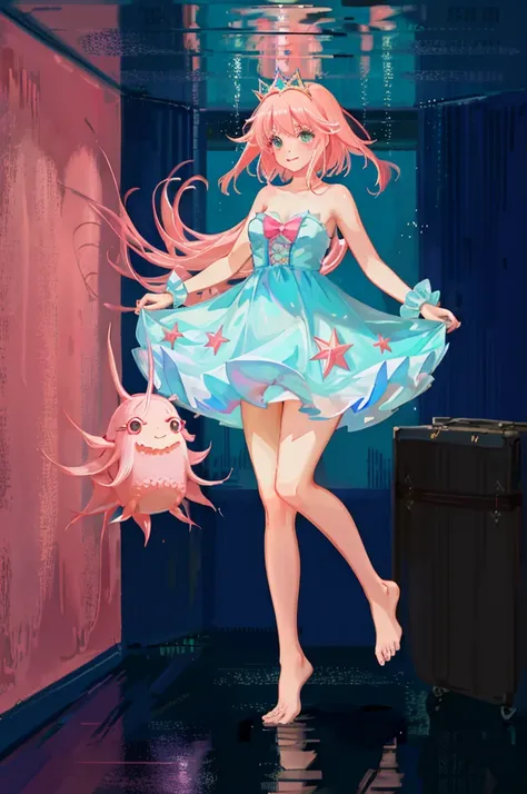 ((best quality)), ((masterpiece)), (detailed), 1 girl, anime girl, ((axolotl girl)), axolotl fins, monster girl, blush, gentle smile, pink hair, princess dress, flowing dress, exposed shoulders, underwater background, full body, large breasts, floating pos...