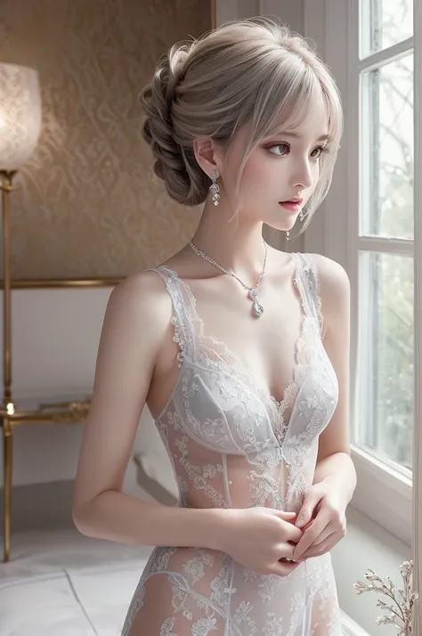 silver lace thong&Good, (((Very elegant and beautiful, Perfect detail, Super detailed))), whole body, The most detailed girl, Depth of written boundary, 美しく詳細なwhole body, Thin legs, 1 girl, 30 years old, Very short hair, Spiked Hair, Gray and silver hair, ...