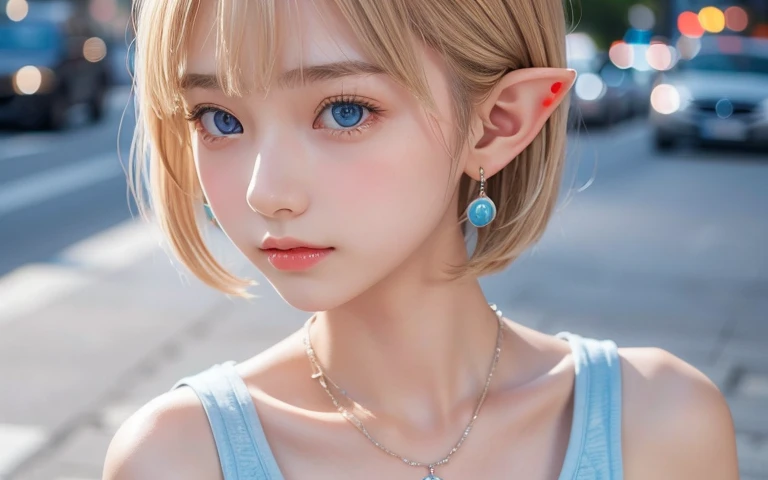 Portrait of a blonde girl , earrings, necklace , extra short hair, sidelocks-hair、Pointy ears like an elf、Upper Body.16 years old、The color of her eyes is a clear light blue、Street Snap、evening