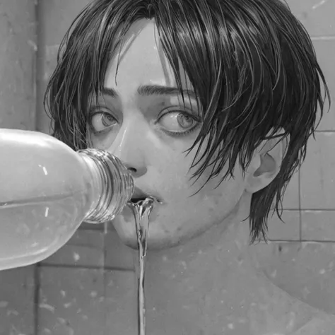 drinking water, (anime), bizarre scenario, This is Junji, Yusuke Murata, black and white, 8K, anime, horror