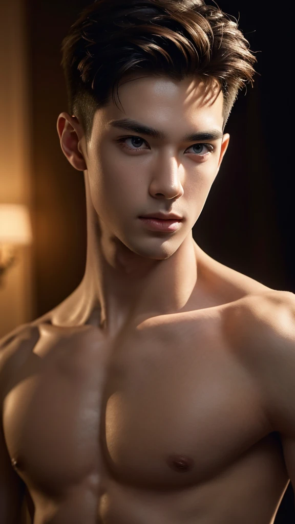 ((masterpiece)),((bestquality)),8k,high detailed,ultra-detailed, depth of field, wide angle,1boy,male focus, handsome face, slim body, topless male, symmetrical portrait,cinematic lighting,