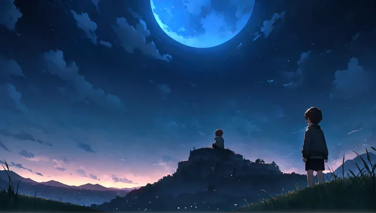 City of night、Night Skyは素晴らしい、Night Sky、3 year old little boy sitting on top of a building、Brown Hair、Back view、The city is brightly lit by the moon、Highest quality、Anime Scenery、Xin Haichen、building、Field、Night Sky 110207, distant 3 year old little boy st...