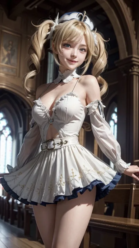 (extremely detailed CG unity 8k wallpaper,masterpiece, best quality, ultra-detailed, beautiful detailed eyes:1.2), high saturation, 1girl, barbara (genshin impact), frilled dress, bare shoulders, blonde hair, twintails, dancing, church, smile, looking at v...