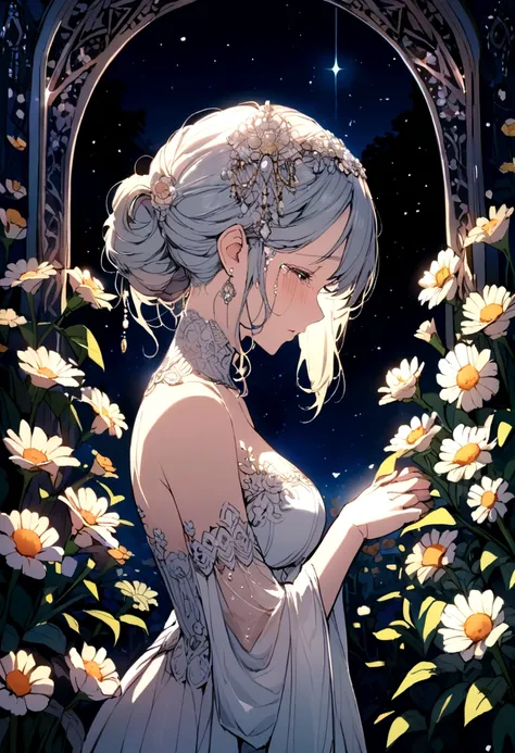 beautiful woman in the flower garden at night crying tears