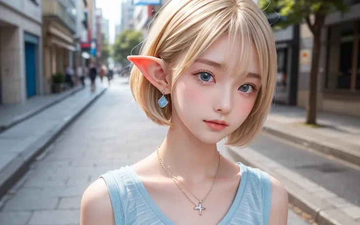 Portrait of a blonde girl , earrings, necklace , extra short hair, sidelocks-hair、Pointy ears like an elf、Upper Body.16 years old、The color of her eyes is a clear light blue、Street Snap、evening