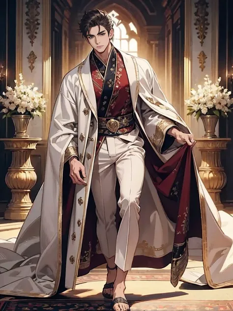 (masterpiece), (highest quality), (super detailed), ultra-detailed, Beautiful face, (((male))), whole body, Down to the toes, Wearing a robe, Stylish, Muscular,