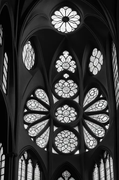 circle gothic window, 4k, 70x100 dimention, complex, in black and white. strong contrast of light and darknes