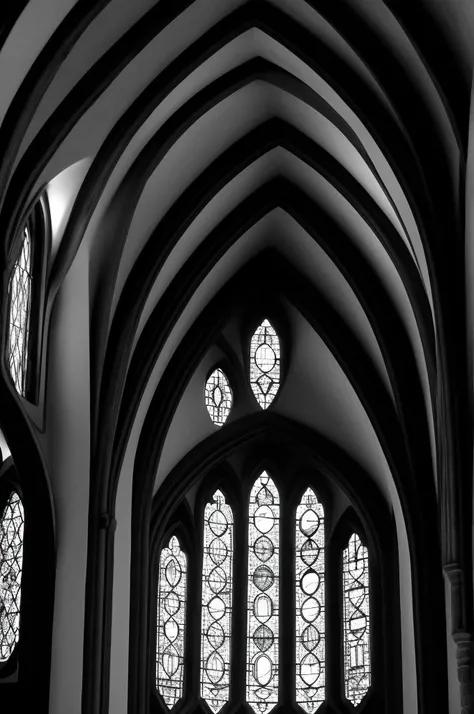 circle gothic window, 4k, 70x100 dimention, complex, in black and white. strong contrast of light and darknes