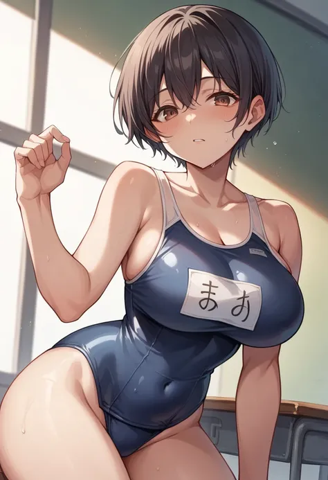 masterpiece、Highest quality、Best image quality、High resolution、Big Breasts、Short black hair、Brown eyes、short hair、Black school swimsuit、Muji school swimsuit