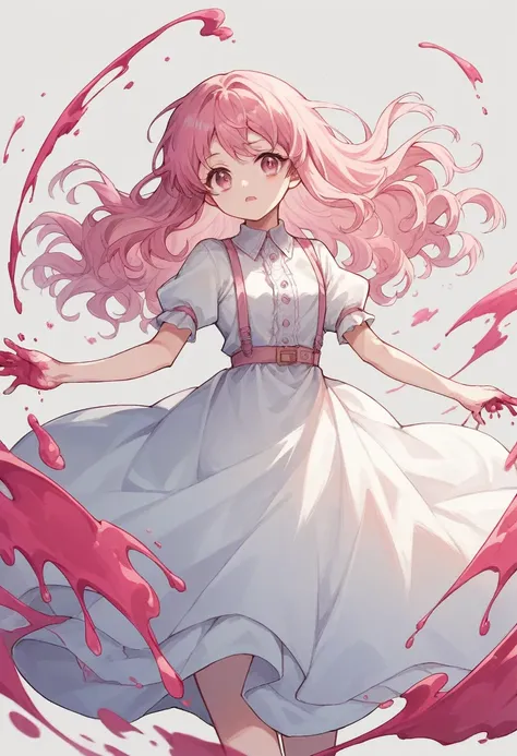 Light pink hair, pink eyes, pink and white, sakura leafs, vivid colors, white dress, paint splash, simple background, ray tracing, wavy hair