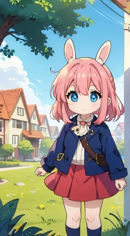 primary baby school , pink hair, blue eyes, wears a red skirt and rabbit coat.