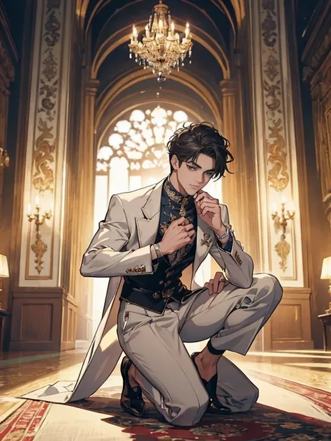 (masterpiece), (highest quality), (super detailed), ultra-detailed, Beautiful face, (((male))), whole body, Down to the toes, Stylish, Muscular, Get on one knee and look up, Wearing clothes, Wearing shoes,