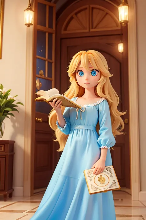 a human , with long golden hair, and large light blue eyes, she has numerous sparkles in her eyes, she is wearing a night gown and is holding a golden book in her hand
