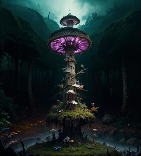 Perched atop a towering mushroom, the Spore Watcher surveys its domain with fungal tendrils twitching in anticipation. Its body is covered in a thick layer of mycelium, blending seamlessly with the surrounding fungal forest. The creatures spore-laden breat...