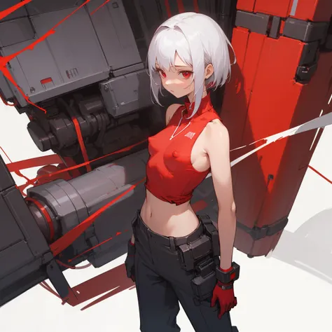 ((Highest quality)), ((masterpiece)), (Become familiar with), 1 girl, alone, Silver Hair,Brown Skin,Red eyes,Long trousers,Red sleeveless,((Red Shirt)),Clothes with a visible back, thin,thin,short hair,Small breasts, Erect nipples, gloves, cyber punk,sf