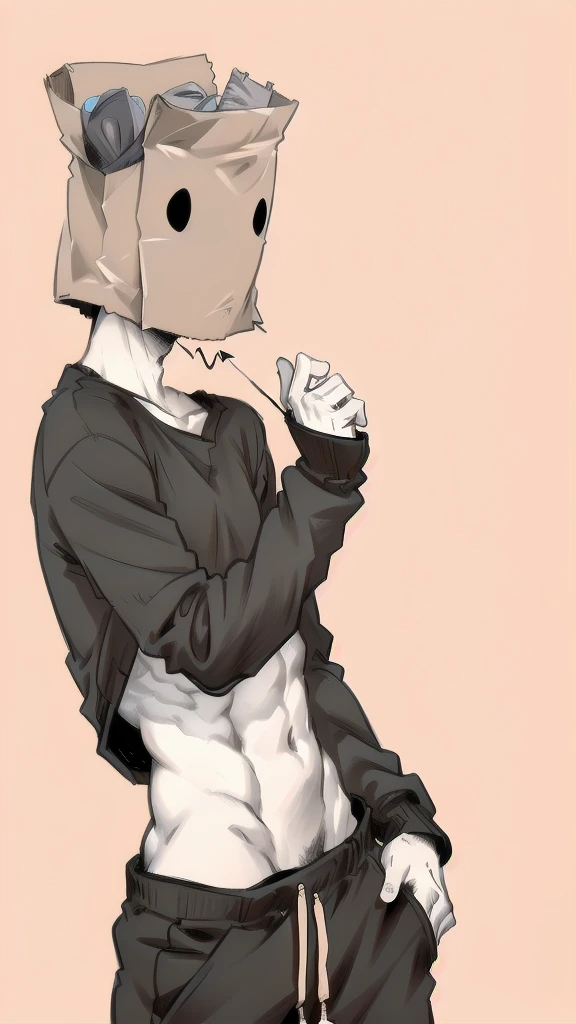 paper bag on head, sweater clothes man, jogger pants, male body, slender body, dinamic pose, shaped body. detailed pose, body, simple background, expressive face, focus on face, line art, sketch
