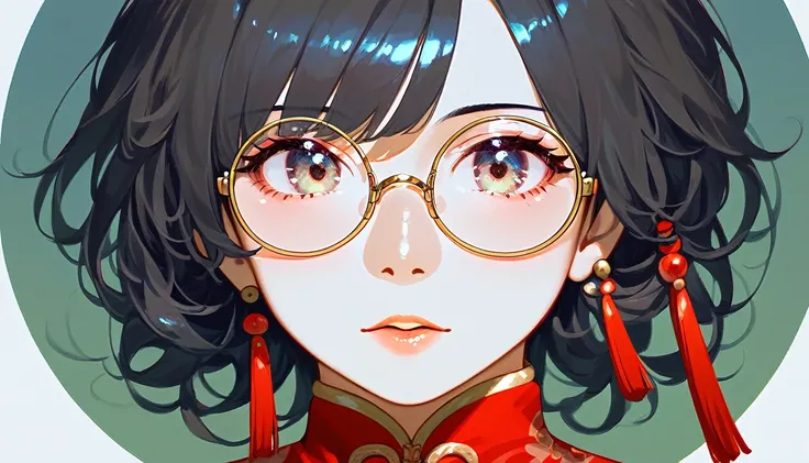 score_9, score_8_up, score_7_up, detailed, rating safe, absurdity, face focus, 1girl, 20years old, shiny skin, cheongsam, round glasses,