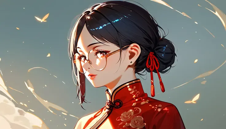 score_9, score_8_up, score_7_up, detailed, rating safe, absurdity, face focus, 1girl, 20years old, shiny skin, cheongsam, round glasses,