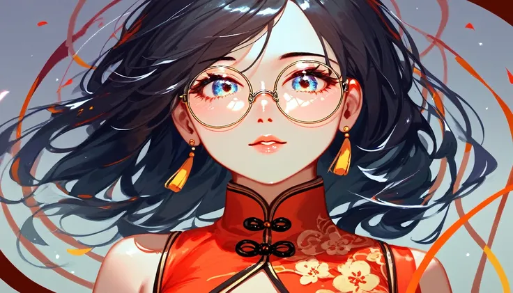 score_9, score_8_up, score_7_up, detailed, rating safe, absurdity, face focus, 1girl, 20years old, shiny skin, cheongsam, round glasses,