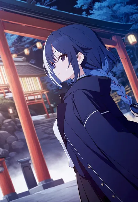 (One Girl,Midnight blue color hair,Hairstyle: braided ponytail, Dark eyes,Medium chest,Dynamic Angle)Coat of blue,White shirt,Black Skirt,Japanese shrine with night background,