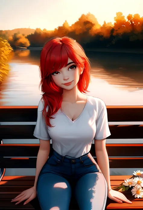 digital art, (girl, red_hair, flowers, low cut jeans, nk shirt, discreet smile, cute look), (sitting on a bench, river in the background, golden hour),, by Daniil Suponitskiy jpegman