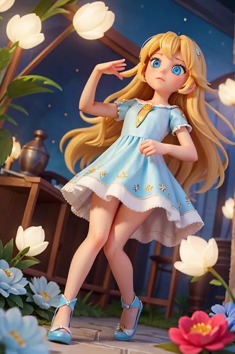 a human girl, with long golden hair and large light blue eyes, has numerous sparkles in her eyes, has a night dress and has a amazed expression as she finds herself in a magical floral world