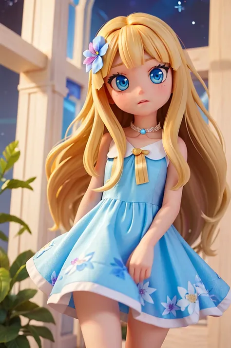 a human girl, with long golden hair and large light blue eyes, has numerous sparkles in her eyes, has a night dress and has a amazed expression as she finds herself in a magical floral world