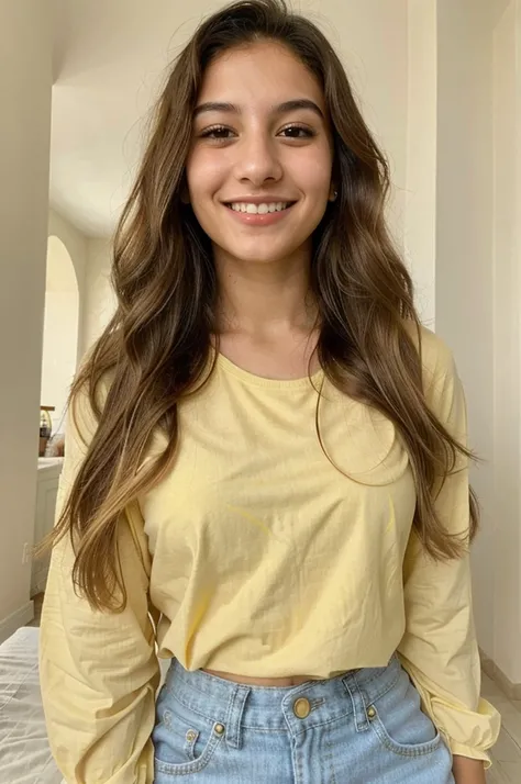 20YO, small nose, one women,attractive, Jordanian, Arab, Bright Yellow shirt, cute smile, cute face, white teethes, skinny face, light brown eyes, black/blonde long hair, modest