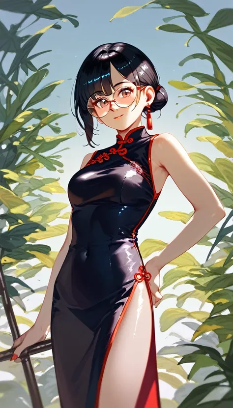 score_9, score_8_up, score_7_up, detailed, rating safe, absurdity, face focus, 1girl, 20years old, shiny skin, cheongsam, round glasses,