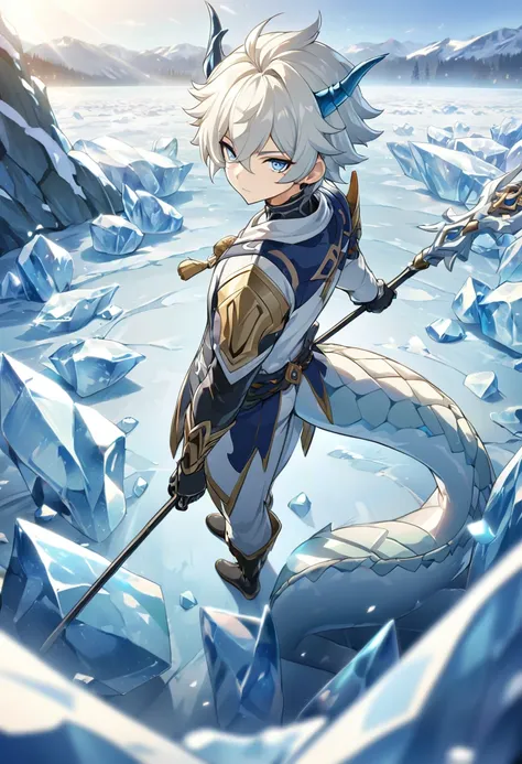 ((solitary)), (man), light blue eyes, white hair hair, short hair, blue inner hair, messy hair, blue dragon horn, pupil slits, t...