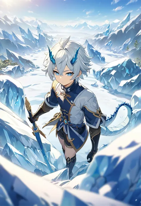 ((solitary)), (man), light blue eyes, white hair hair, short hair, blue inner hair, messy hair, blue dragon horn, pupil slits, t...