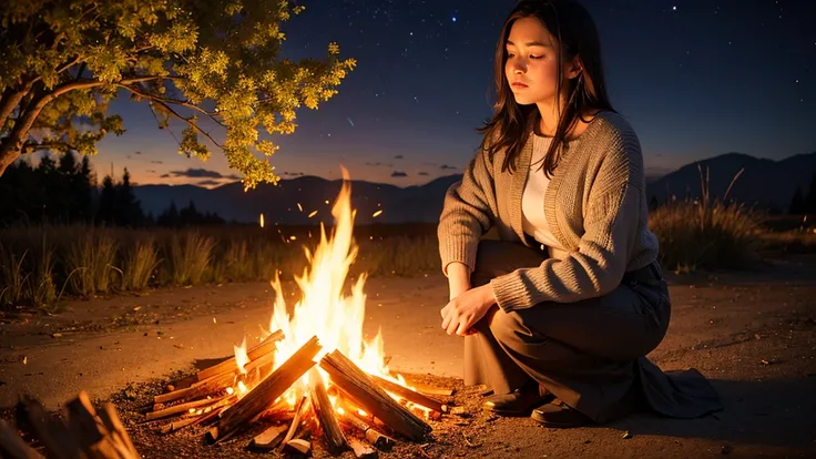 Woman having a bonfire at night