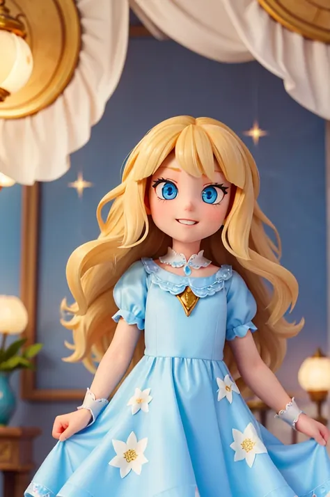 a human girl, with long golden hair and large light blue eyes, has numerous sparkles in her eyes, has a night dress and has a amazed expression as she finds herself in a magical floral world, she smiling