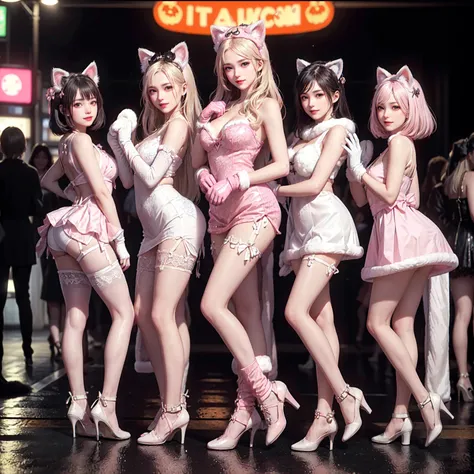 masterpiece, top-quality, top-quality, Beautifully Aesthetic:1.2, ((5 girls)), Halloween night, 
((Middle girl is Wearing a high-quality pink Cat costume of fur, gloves of Cat, fur miniskirt):1.2), high detailed, 
((Left girl is Wearing a high-quality pink...