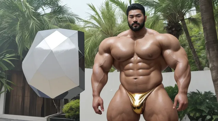 A handsome Asian actor，30 years old，Tall and handsome, Toned body，short hair, O-Shaped Beard，Perfect body, Dark and shiny skin，Smooth skin，The body is hairless，Muscle bulge, Muscular, Very large pectoral muscles，Very sexy abdominal muscles，Very well-develo...