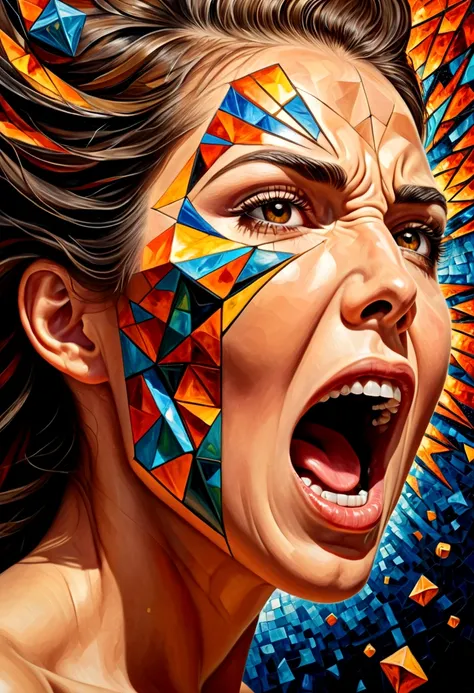 oil painting,woman&#39;s face,side view(Only the face with its mouth wide open screamed in anger..),Something came out of his mouth..,explosion of parts The body is a 3D cube. , mosaic art, Masterpiece, bright colors,  ,  Highly detailed, , fractal art, , ...