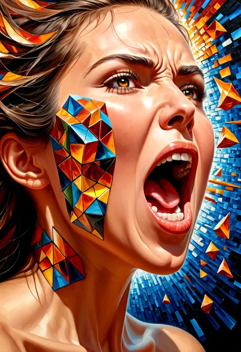 oil painting,woman&#39;s face,side view(Only the face with its mouth wide open screamed in anger..),Something came out of his mouth..,explosion of parts The body is a 3D cube. , mosaic art, Masterpiece, bright colors,  ,  Highly detailed, , fractal art, , ...