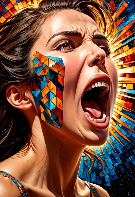 oil painting,woman&#39;s face,side view(Only the face with its mouth wide open screamed in anger..),Something came out of his mouth..,explosion of parts The body is a 3D cube. , mosaic art, Masterpiece, bright colors,  ,  Highly detailed, , fractal art, , ...