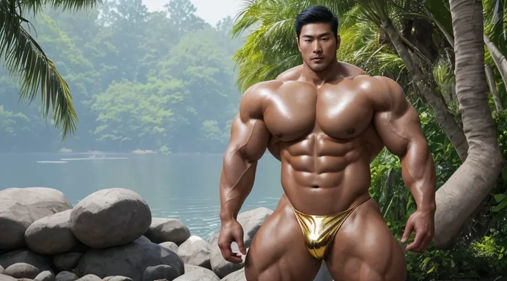 A handsome Asian actor，30 years old，Tall and handsome, Toned body，short hair, O-Shaped Beard，Perfect body, Dark and shiny skin，Smooth skin，The body is hairless，Muscle bulge, Muscular, Very large pectoral muscles，Very sexy abdominal muscles，Very well-develo...