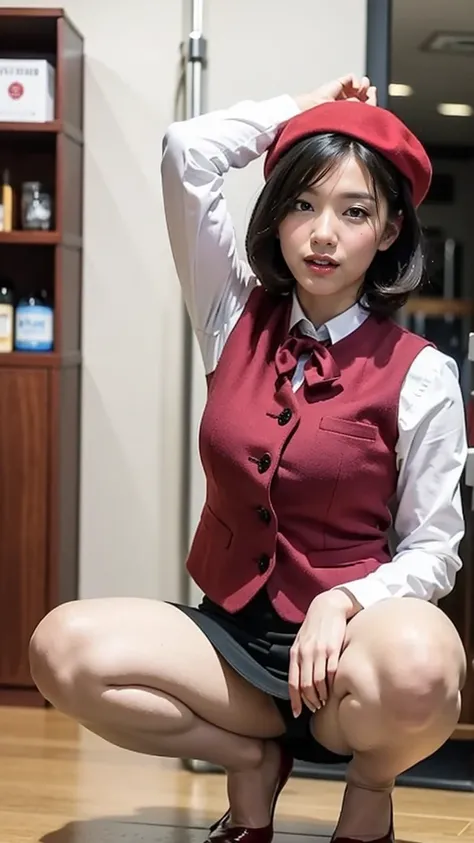 Mature woman in uniform,50 years old、Wine red beret、 Tight Skirt、Wine red vest、White shirt,Place your hands behind your head to expose your armpits、Face forward and squat on the floor with your legs slightly apart.、The face has a serious expression、Inside ...